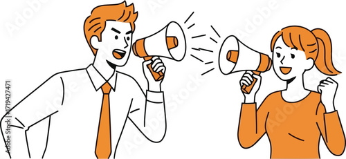 3d man and woman with megaphones communicating and shouting