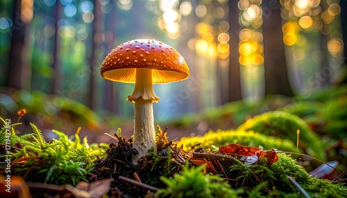 Enchanting red toadstool mushroom glowing in the magical morning sunlight on a mossy forest floor