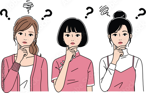 3d three young women thinking and looking confused with question marks above their heads