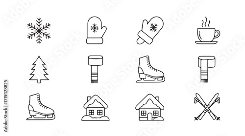 Winter themed line art icons set featuring snowflakes mittens skates and cozy cabin for seasonal design silhouette