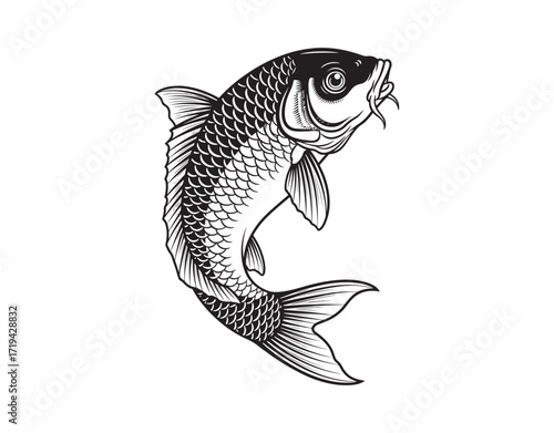 A monochrome illustration of a carp fish. The carp is set against a white background.