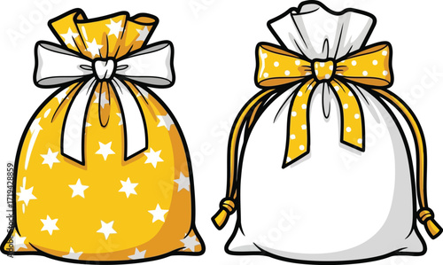 3d two gift bags, one yellow with stars and one white, tied with bows