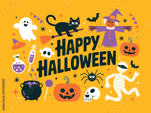 Halloween cartoon illustration, black cat ghost mummy pumpkin scarecrow cauldron bat, festive orange background, spooky celebration graphic, holiday vector clipart