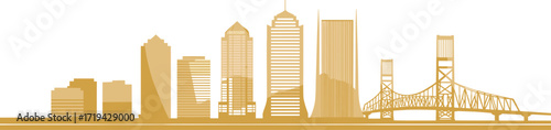 Golden silhouette city skyline illustration, Jacksonville architecture, Main Street Bridge, modern skyscrapers, urban design, iconic buildings, artistic rendering, Florida landmark