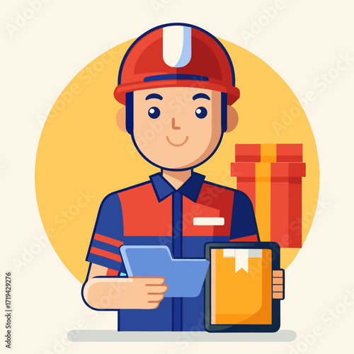 Friendly delivery worker holding tablet and clipboard ready to deliver package