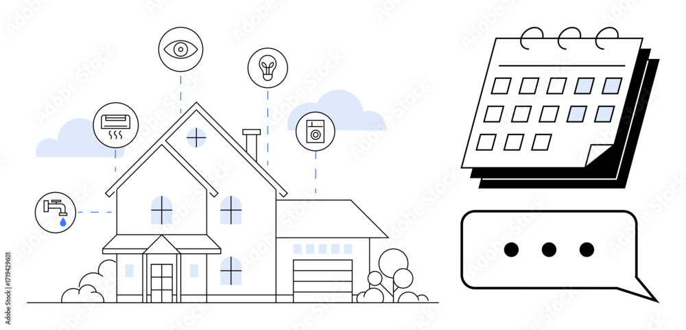 Fototapeta premium House with icons for monitoring and automation, calendar, speech bubble. Ideal for technology, smart living, scheduling, IoT, energy management, security simple flat metaphor