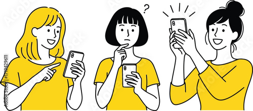 3d three women in yellow shirts looking at their smartphones, one confused