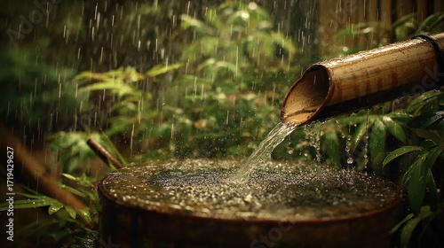 Zen garden scene featuring bamboo fountain in the rain creating a calming atmosphere