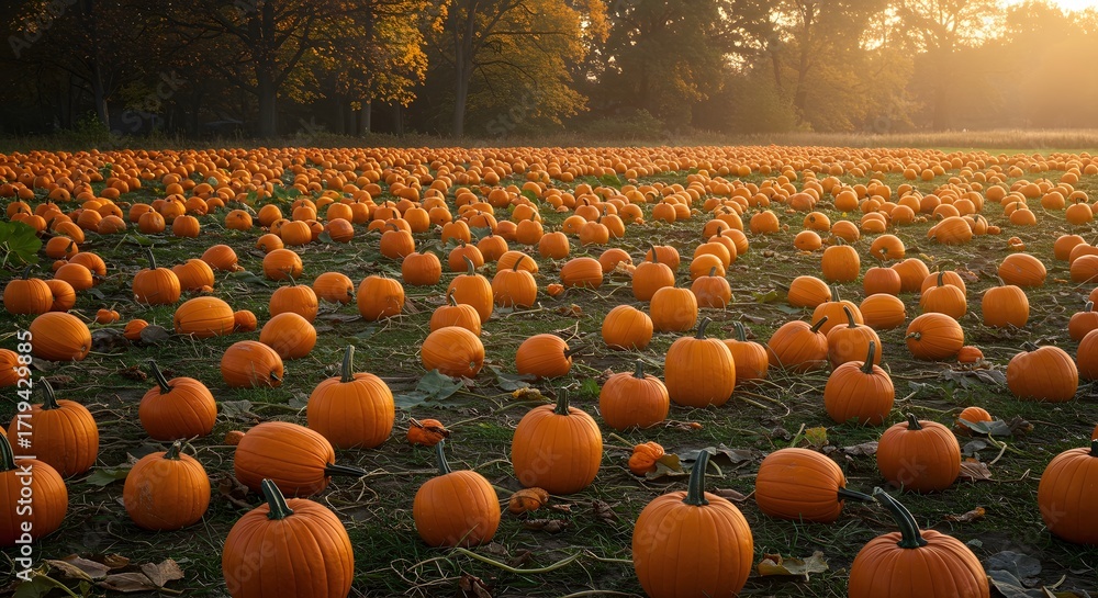 Obraz premium Pumpkin Patch Field with Orange Pumpkins During Sunset in Autumn