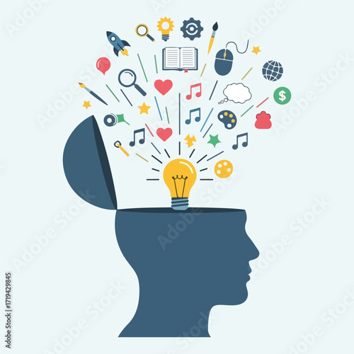 Creative mind with bulb and icons for idea generation and innovation concept
