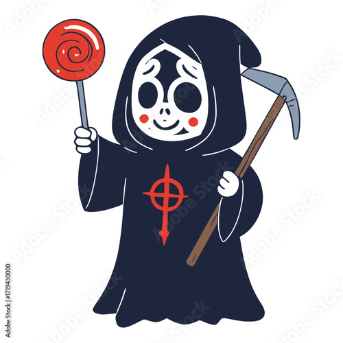 A tiny grim reaper holding a lollipop instead of a scythe | witch with a lollipop | halloween witch with lollipop | halloween witch with a skull | girl with a lollipop | little witch with broom | litt