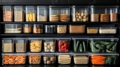 Decluttered kitchen cabinet with labeled containers and stackable storage bins 
