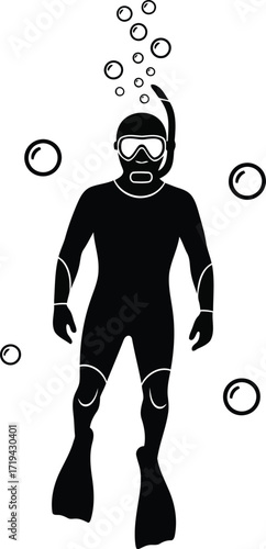 Silhouette of a scuba diver underwater with bubbles