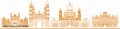 Golden silhouette of Indian landmarks, Charminar, Golconda Fort, temples, domes, arches, cultural architecture, heritage skyline, ornate facades, artistic rendering