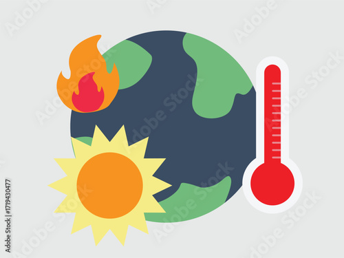 Illustration depicting global warming with a flaming Earth, a hot sun, and a rising thermometer, symbolizing climate change.