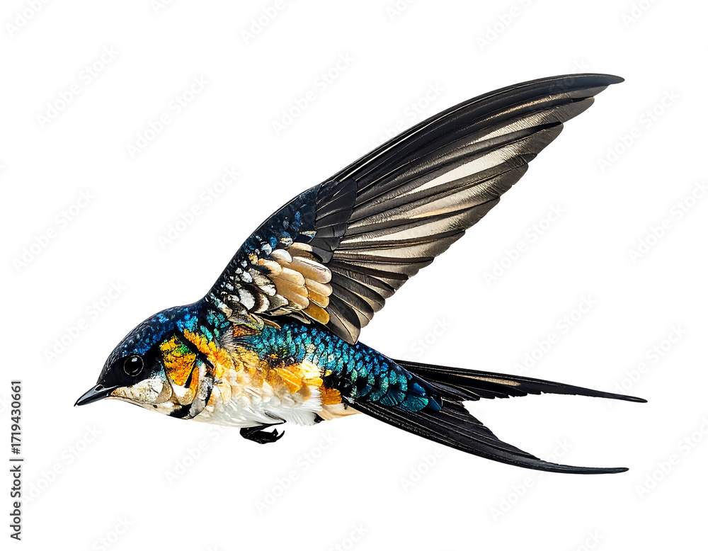 Obraz premium A vibrantly colored swallow in flight, wings spread, showcasing intricate feather patterns of teal, black, gold, and white against a black background