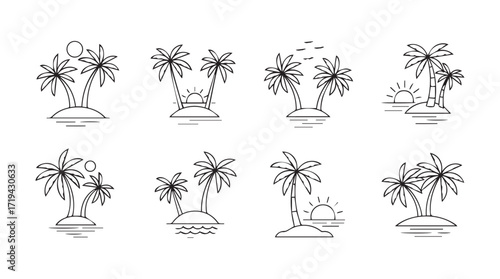 Collection of stylized palm trees on small islands with water reflections and minimalist beach scenes silhouette