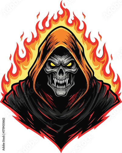 Scary grim reaper with fiery hood and skull face, representing death and danger in a dark, menacing style