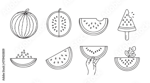 Hand drawn sketchy watermelon slices and whole fruit set fruitful summer refreshment elements silhouette