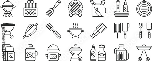 Assortment of barbecue and grilling equipment line art icons grill grate charcoal