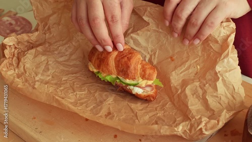 Female hands wrap croissant sandwich into wrapping paper close up