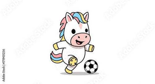 A cute cartoon unicorn playing soccer with a black and white ball, with a white background.