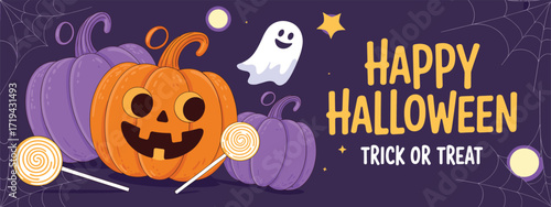 Halloween cartoon illustration, pumpkins ghost lollipops spider webs stars dark background, trick or treat banner, festive spooky design, vector clipart