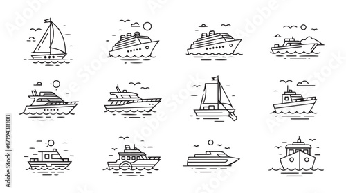 Collection of various nautical vessels hand drawn style icons set silhouette
