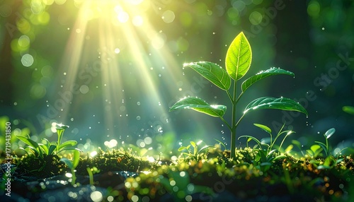 Radiant sunbeams illuminate a tiny green sapling emerging from the forest floor, a symbol of new life and hope