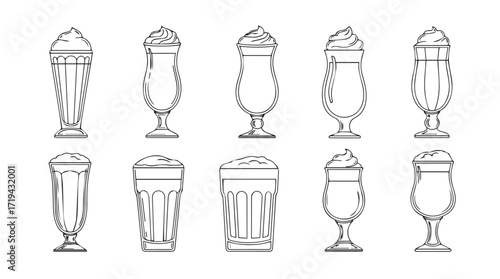Collection of hand drawn desserts and drinks in glasses beverage designs silhouette