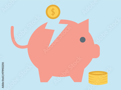 A pink piggy bank with a crack on its head, a gold coin above, and a stack of coins at the bottom.