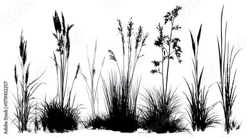 Black silhouettes of various grasses and reeds on a white background