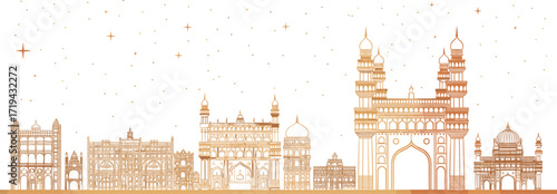 Hyderabad landmark illustration, Charminar, Golconda Fort, cultural architecture, golden gradient skyline, heritage monuments, festive stars, ornate domes, artistic rendering