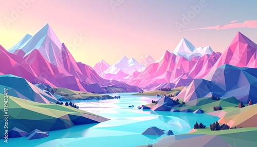 Dreamlike Low Poly Mountain Landscape with River