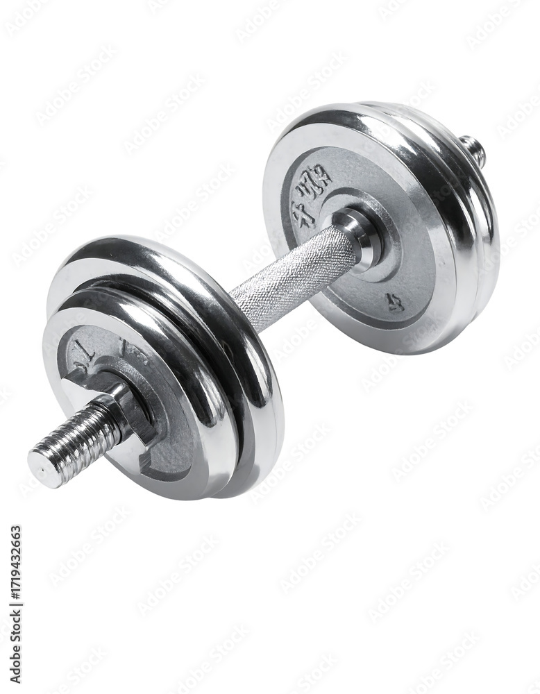 Naklejka premium Chrome dumbbell with threaded barbell and weight plates, isolated on black
