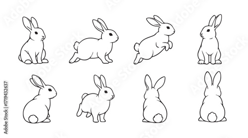Charming line art collection of eight adorable bunnies in various poses and activities silhouette