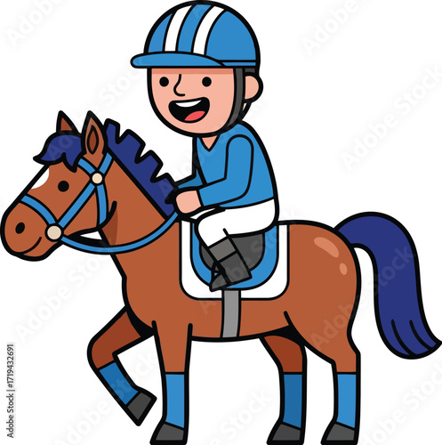 Cute cartoon jockey riding a brown horse