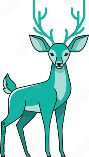 A stylized teal deer with large antlers standing on a