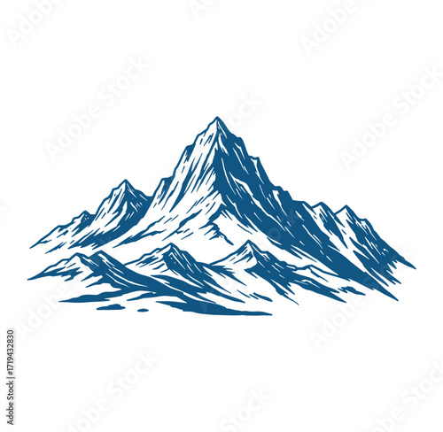 Vector illustration of a detailed mountain range in a classic blue and white design