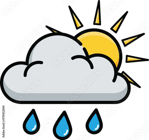 Cartoon illustration of a sun partially hidden behind a cloud, with three raindrops falling from the cloud