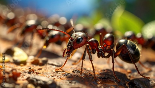 Hyper-realistic macro view of a red ant leading its colony, highlighting the intricate details of insect life and teamwork in nature