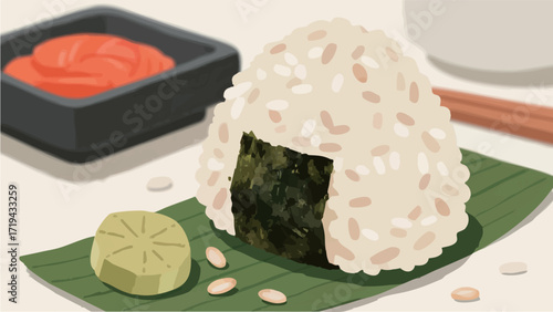 Scandinavian-style Japanese food, rice. Onigiri and side dishes. Simple, minimalist illustration. Japanese cuisine. Thoughtful living.