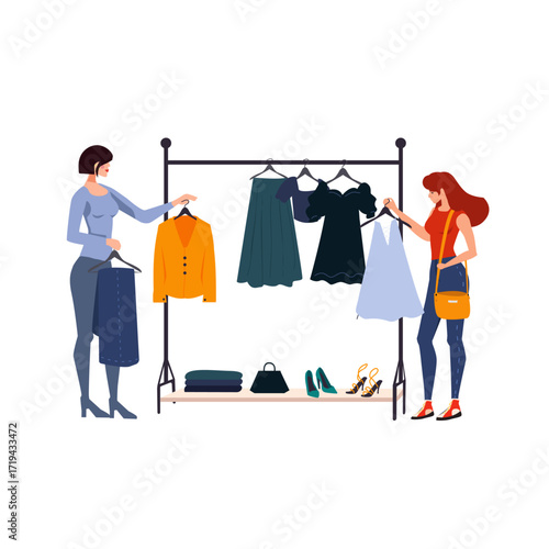 Woman Choosing a Dress with Help from Store Assistant – Boutique Fashion Shopping Scene. 