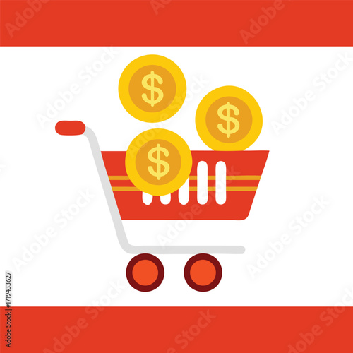 Shopping cart with coins, money isolated on white background, vector illustration