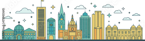 Stylized city skyline illustration, modern skyscrapers, historical domes and spires, teal yellow orange tones, urban architecture blend, decorative sky 