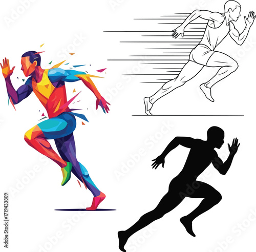 Three representations of a runner in motion a colorful abstract, a line drawing, and a silhouette