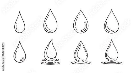 Collection of hand drawn water drops in various stages of formation and splash silhouette