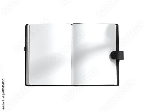 Open blank notebook with black cover, elastic closure, and subtle light patterns on the pages