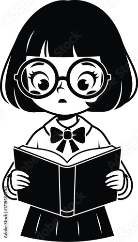 Cute cartoon girl with glasses reading a book