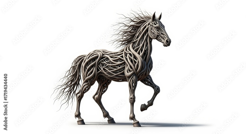 Fototapeta premium A striking sculpture of a horse, intricately crafted from interwoven branches and roots, stands in a dynamic pose against a clean white background.